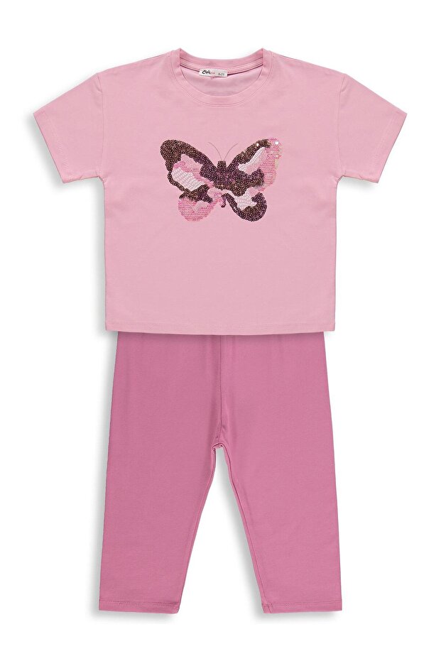 Girl's Butterfly Embroidered Set for Ages 6-9 - Pink