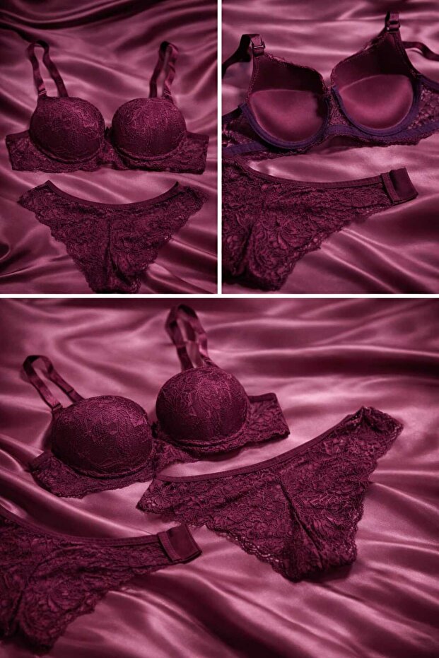 Lace Strappless Padded Push up Balconet Bra and Panties Set Burgundy