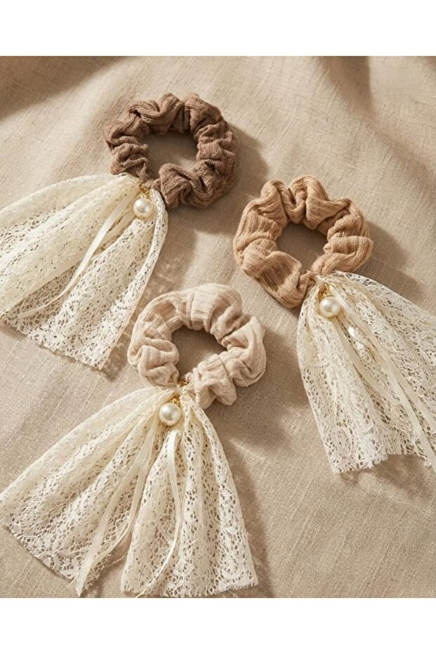 Fitil Patterned Towel Fabric Guipure and Pearl Detailed Towel Bagel Buckle
