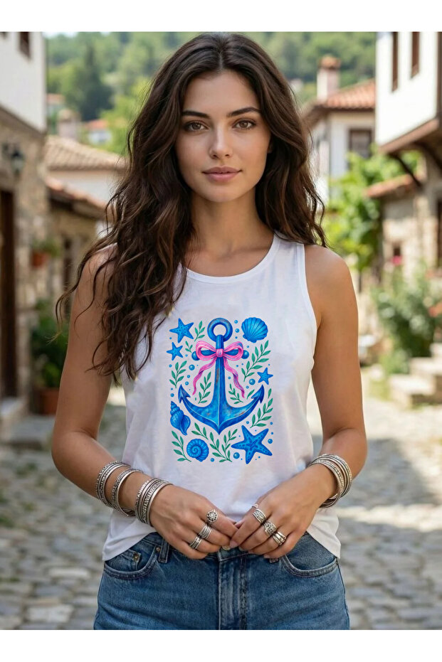 Sea Shell Anchor B Printed Sleeveless Women's Summer U-Neck Strap Tank Top Tshirt