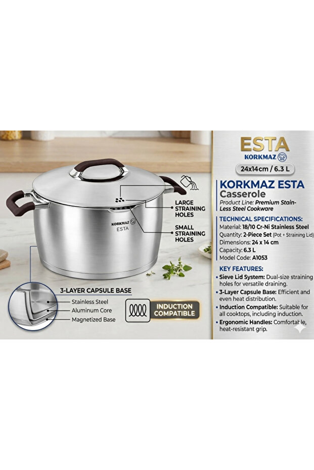 Korkmaz Esta Casserole 24x14 cm 6.3L Stainless Steel Deep Pot with Strainer Lid, Induction Base