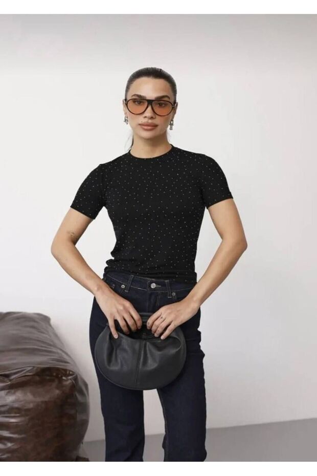 Women's Black Stoned Short Sleeve Stretchy Blouse
