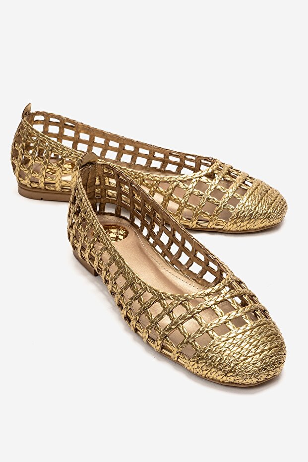 Elvaris Gold Knit Patterned Women's Ballet Flats Shoes