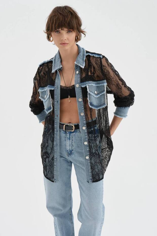 Women's Lace and Denim Fabric Paneled Design Jacket Shirt