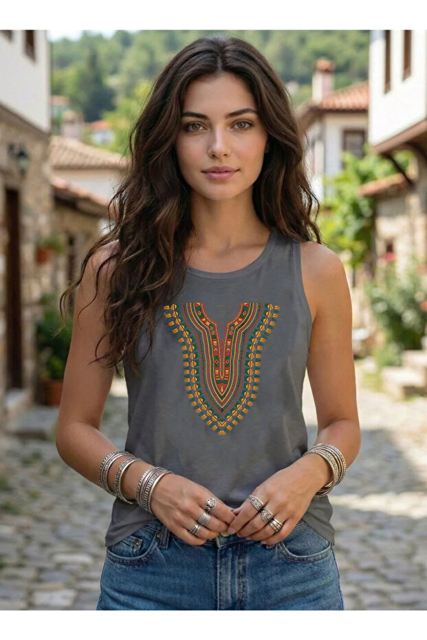 Africa Pendant Design B Printed Sleeveless Women's Summer U-Neck Strap Tank Top Tshirt