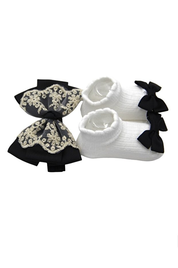 - Aaliyah Socks & Cute Ribbon Big Bow Headband Set - Black