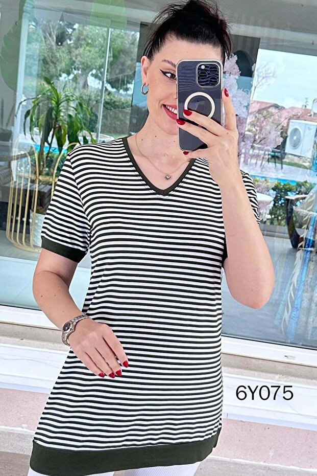 V-Neck Striped Viscose Blouse 6Y075