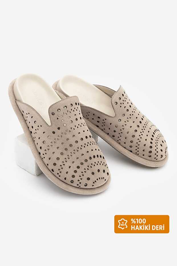 Women's Genuine Leather Hole Geometric Patterned Sabo Casual Slipper Yofin Beige Suede
