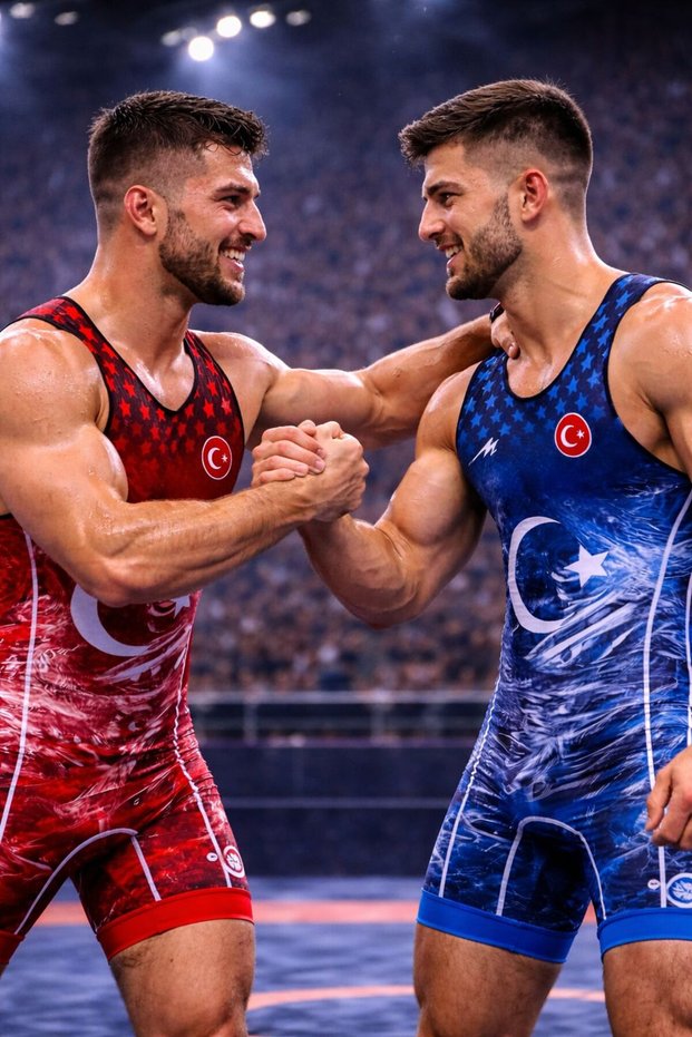 Men's Wrestling Swimsuit Set (Red-Blue)