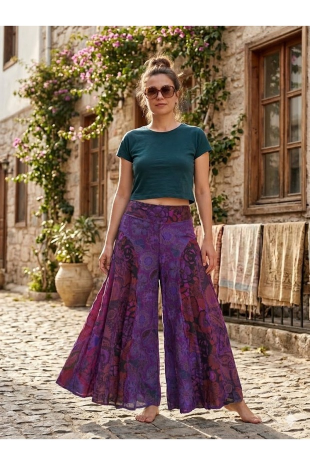 Women's Nepal Ethnic Patterned Elastic Waist Pocketed Wide Leg Trouser Skirt