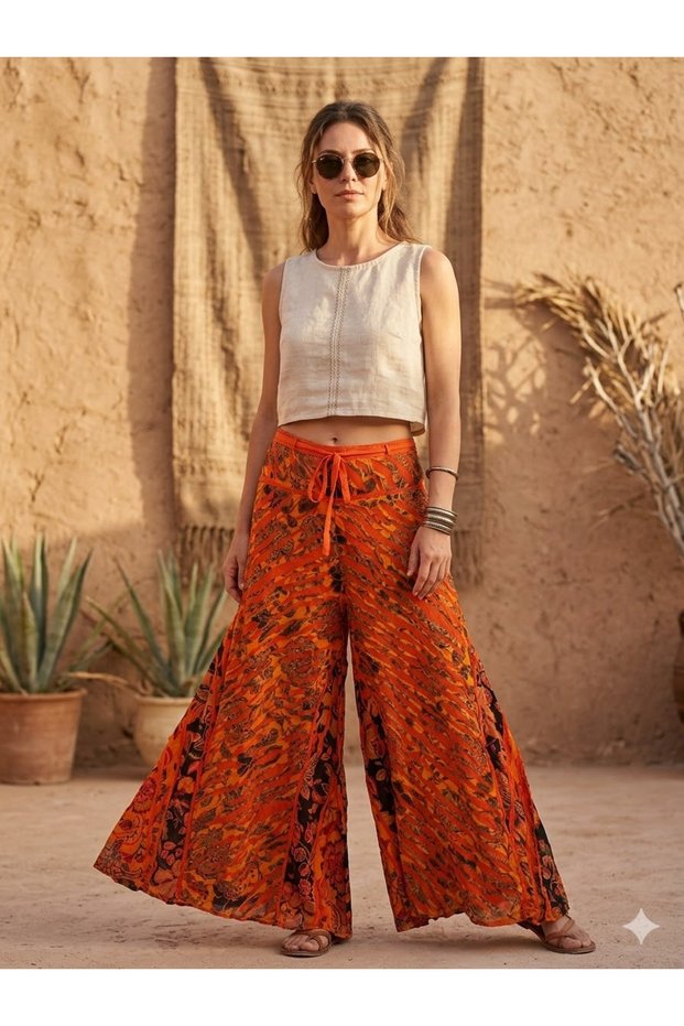 Women's Nepalese Ethnic Pattern Elastic Waist Pocketed Casual Wide Leg Pants Skirt