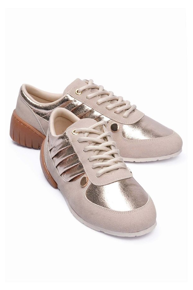 Women's Suede Sneakers Gold Metallic Detailed Casual Sports Shoes Telora Beige Gold