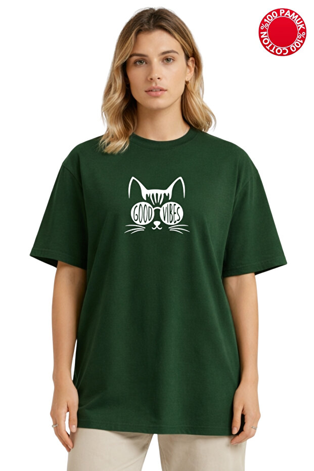 Cat with Glasses Printed Nefti Oversize T-Shirt - 100% Cotton