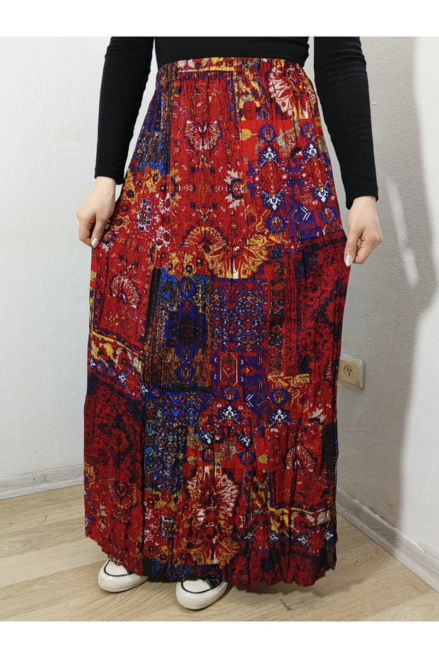 Bohemian, Ethnic Printed Long Skirt, Holiday Beach Dress, Elastic Waist, Mevlana Viscose with 3 Layers of Ruffles