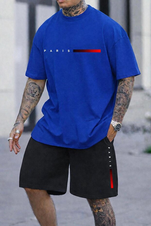 Men's Paris Red Line Printed T-Shirt Shorts Set