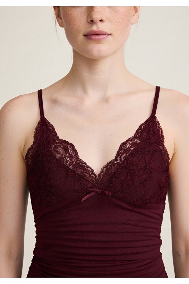 Dantelli Askılı Bordo Basic Bluz - 2