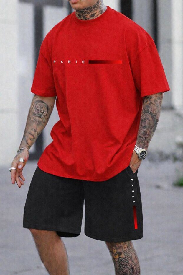 Men's Paris Red Line Printed T-Shirt Shorts Set
