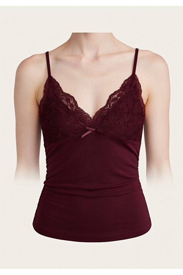 Dantelli Askılı Bordo Basic Bluz - 1