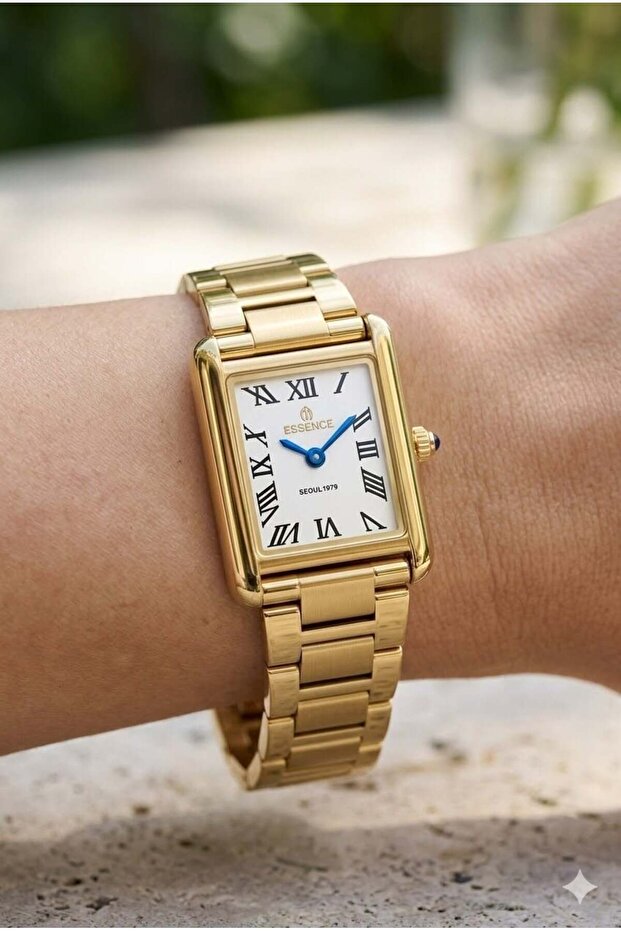 Rectangular Case Women's Wristwatch | 22mm Steel Case, Gold Steel Band, White Dial