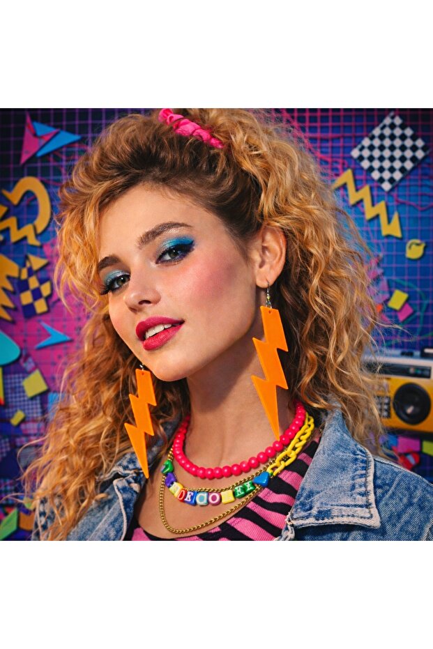 Ramia-Premium | 80S 90S Retro Neon Orange Lightning Earrings 10 cm | Tg.Ty