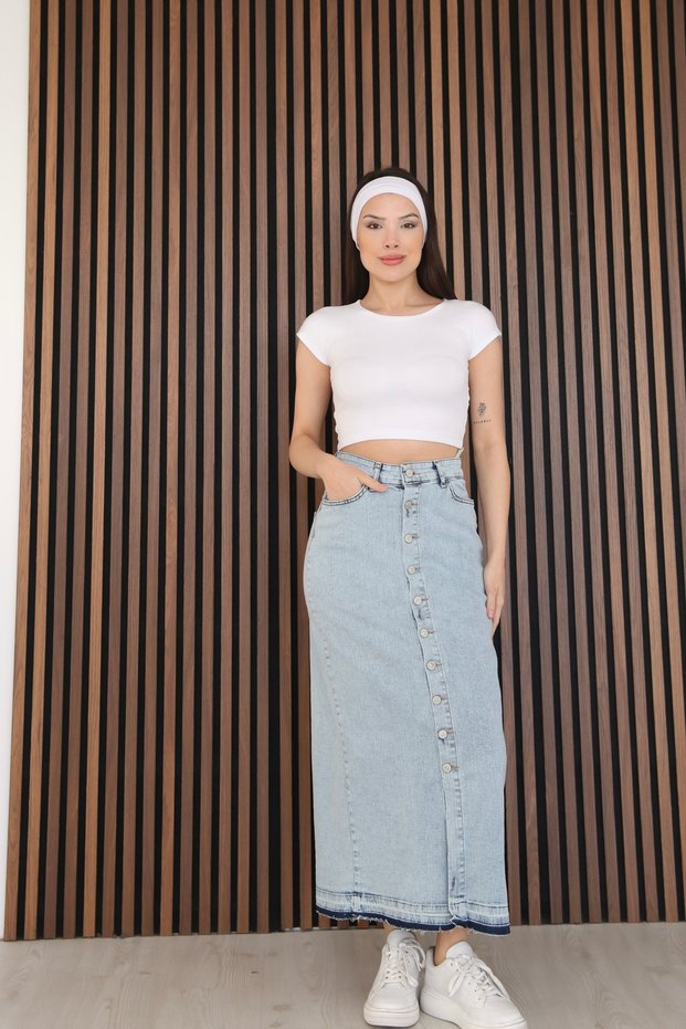 Women's High Waist Button-Front Light Blue Maxi Denim Skirt Bnj-456
