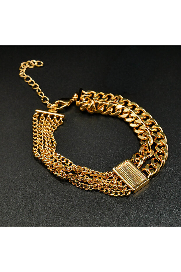 Gold-Tone Multi-Layer Curb Chain Bracelet with Textured Bar Accents