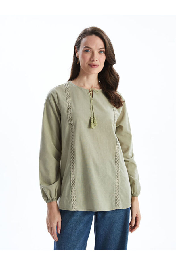 Tie Collar Embroidered Women's Blouse