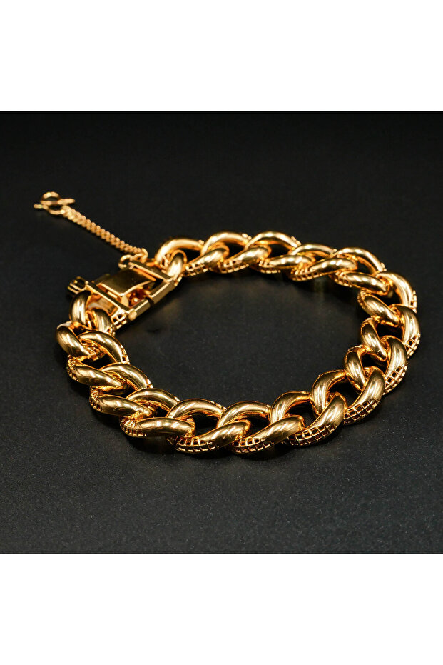 Gold-Tone Textured Curb Link Bracelet - Chunky Mixed Finish Chain with Safety Clasp