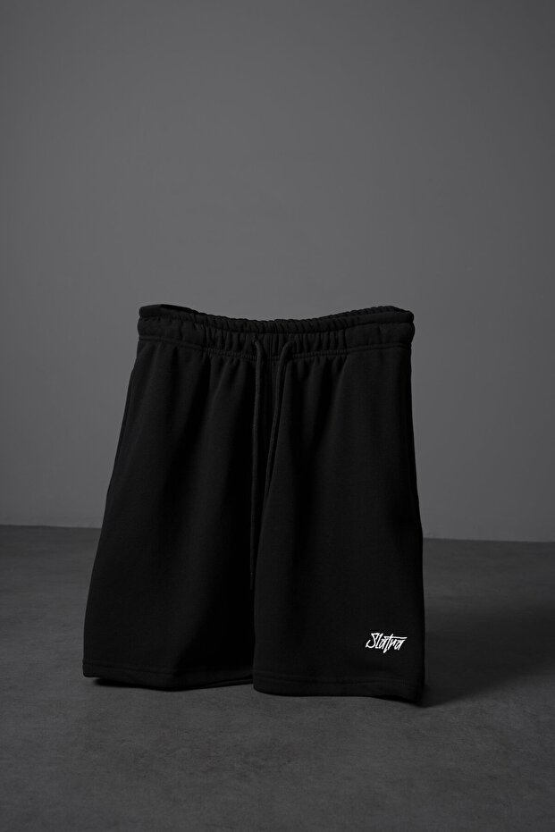 Erkek Siyah Basic Nakışlı Diz Üstü Şort - 1