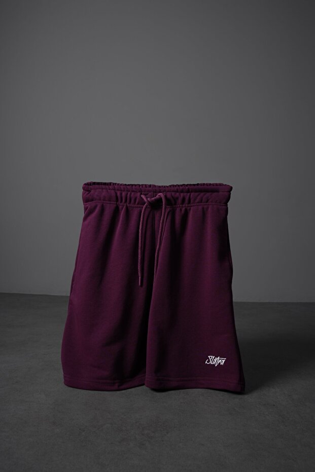 Erkek Mürdüm Basic Nakışlı Diz Üstü Şort - 1