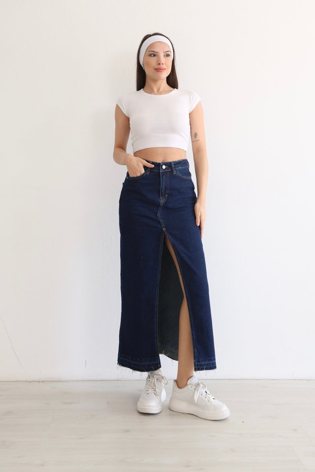 Women's High Waist Front Slit Tasseled Leg Long Denim Skirt Bnj-346