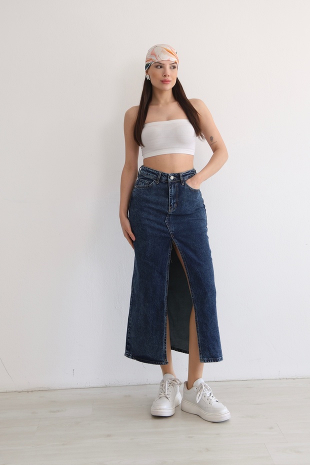 Women's High Waist Front Slit Seam Long Denim Skirt Bnj-346