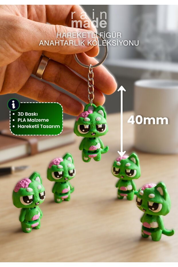 5Pcs - Movable Zombie Cat Cute 3D Printing Keychain - 40mm Modern Accessory & Gift
