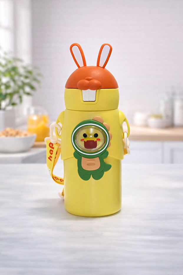 500 ml Cute Rabbit Design Children's Thermos Flask with Straw and Carrying Strap School Water Bottle