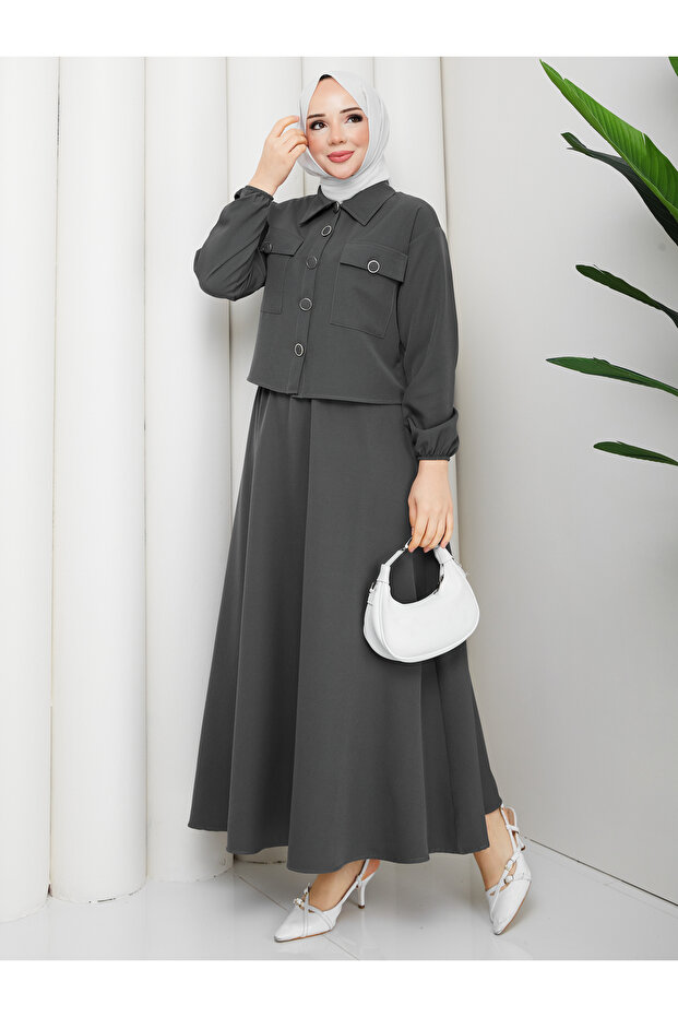Hürrem Double Fabric Button Detailed Stylish Hijab Skirt Jacket Double Set