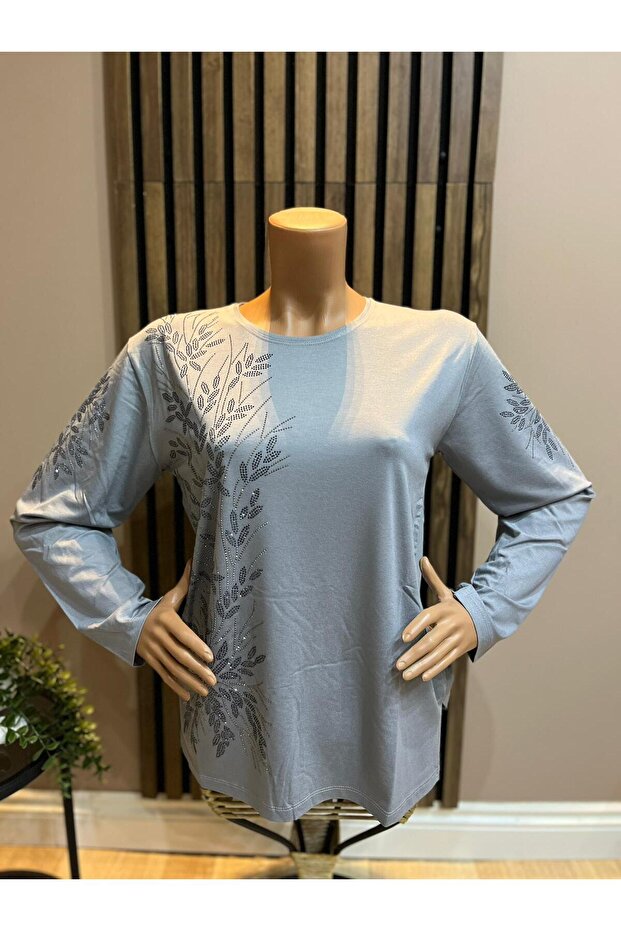 Women's Combed Cotton Blouse for Middle Ages and Above with Viscose Sparkling Branches and Stones
