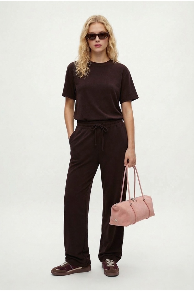 Women's Elix Modal Touch Crew Neck Waist Elastic Pocketed Brown Bottom Top Set