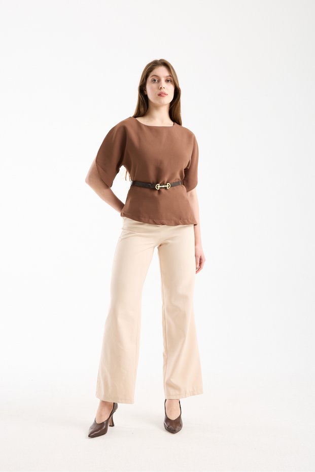 Women's Waist Belt Detail Short Sleeve Stylish Blouse