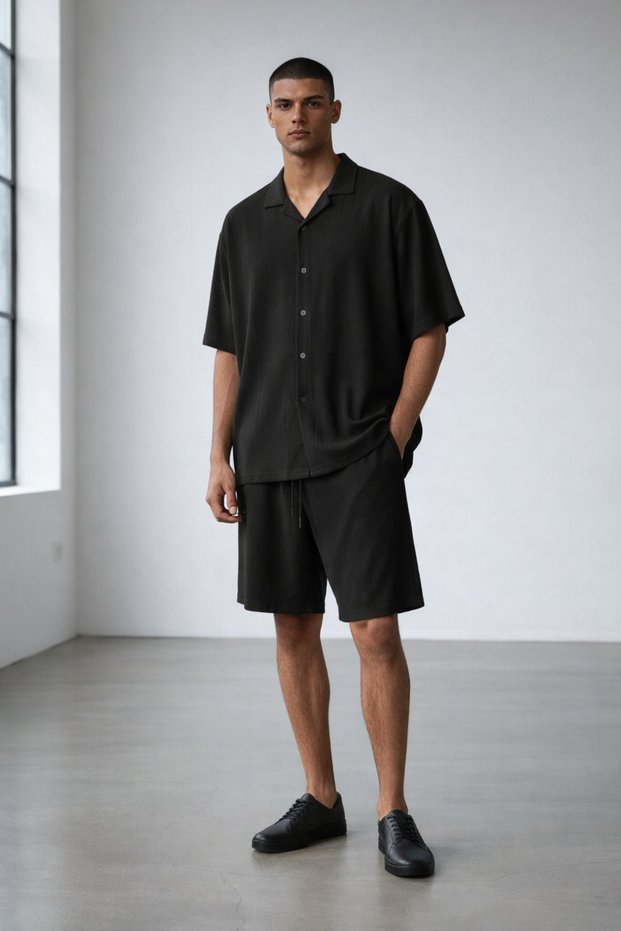 Men's short sleeve shirt & shorts set - crinkle fabric