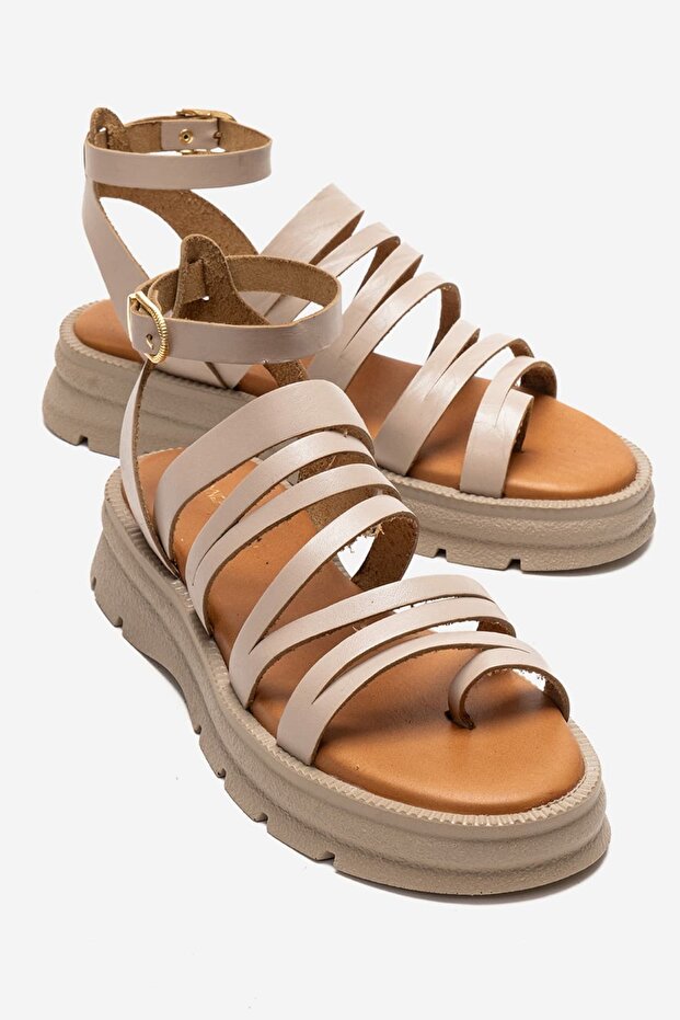 Kenyoni Women's Genuine Leather Thick Sole Sandals Beige – Antique Textured Comfortable Greek Style