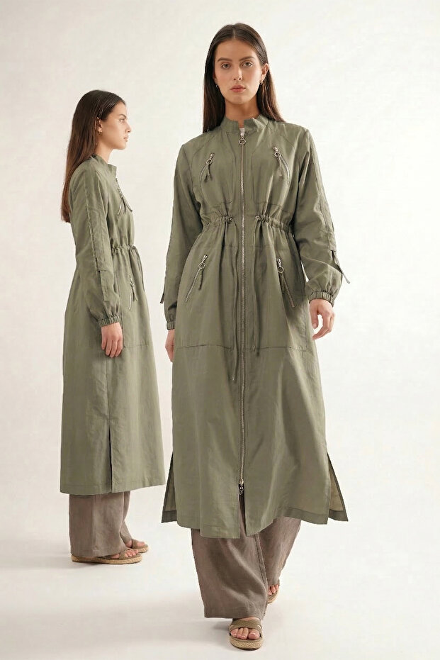 Hakim Yaka Beli Ruched Front Zip Detail Safari Cap Jacket 822 Green