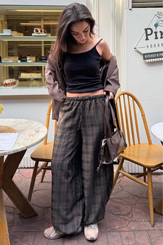 Brown Plaid Patterned High Waist Balloon Fit Women's Pants Mg2726