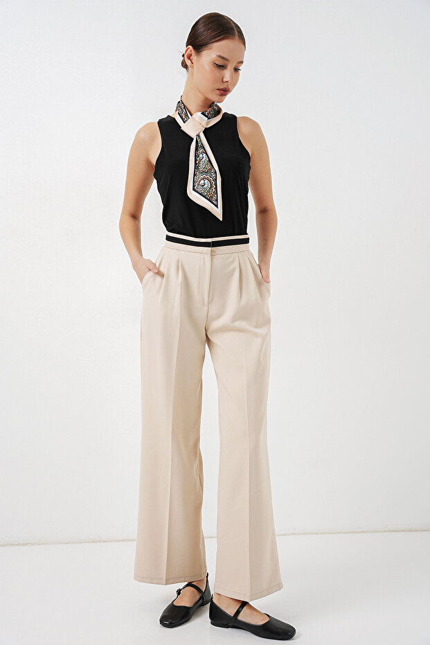 Women's Wide Leg Fabric Trousers 30088 - Cream