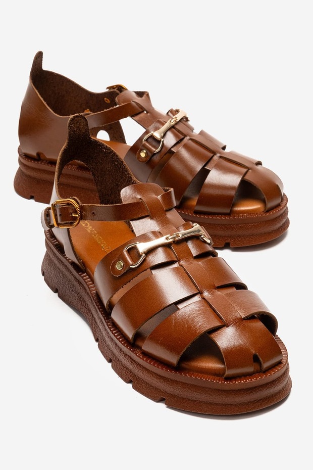 Kelvin Women's Genuine Leather Thick Sole Sandals Tan – Antique Textured Comfortable Greek Style