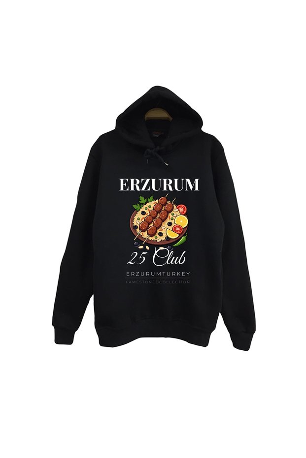 Erzurum 25 Palandöken - Cağ Kebabı - Şehir Printed Unisex %100 Cotton Black Hooded Sweatshirt
