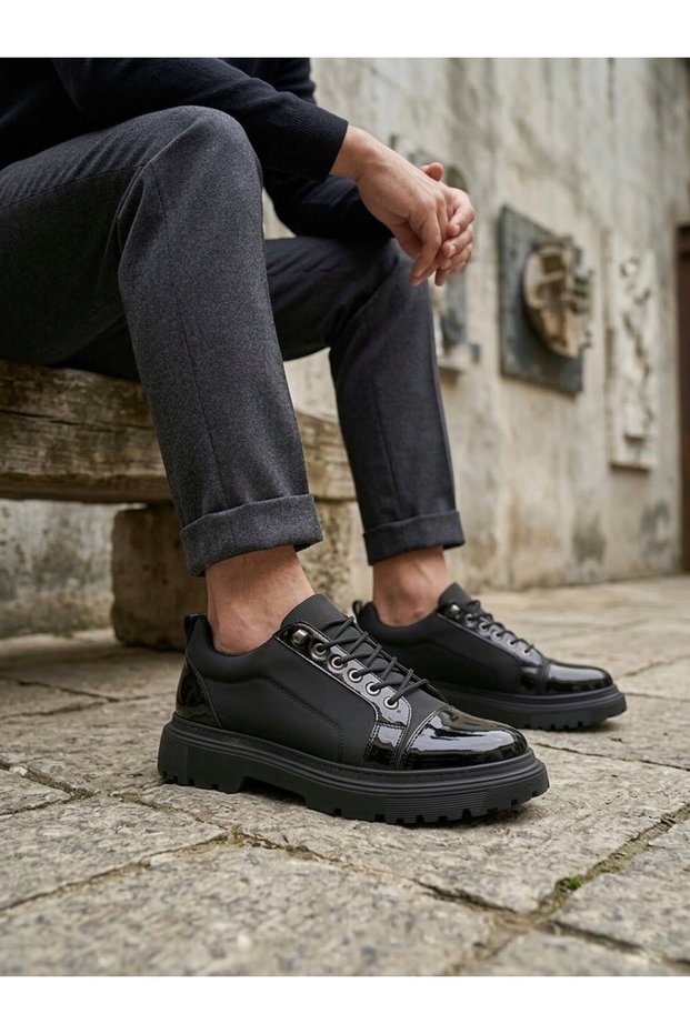 Black Patent Leather Parachute Detail Smart Rubber Laces High Sole Style Men's Shoes Tge230