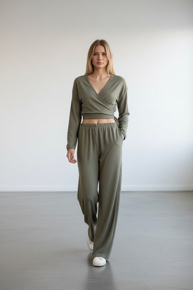 Women's Green Waist-Cut Tie-Detail Top and Bottom Set