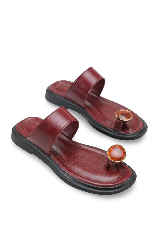 Elovisa Burgundy Rustic Women's Flip Flops with Stone Detail, Daily Comfortable and Stylish Slippers