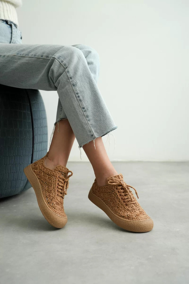 Women's Tan Knit Detailed Casual Sneaker Comfortable and Lightweight Sports Shoes Tr01My01D