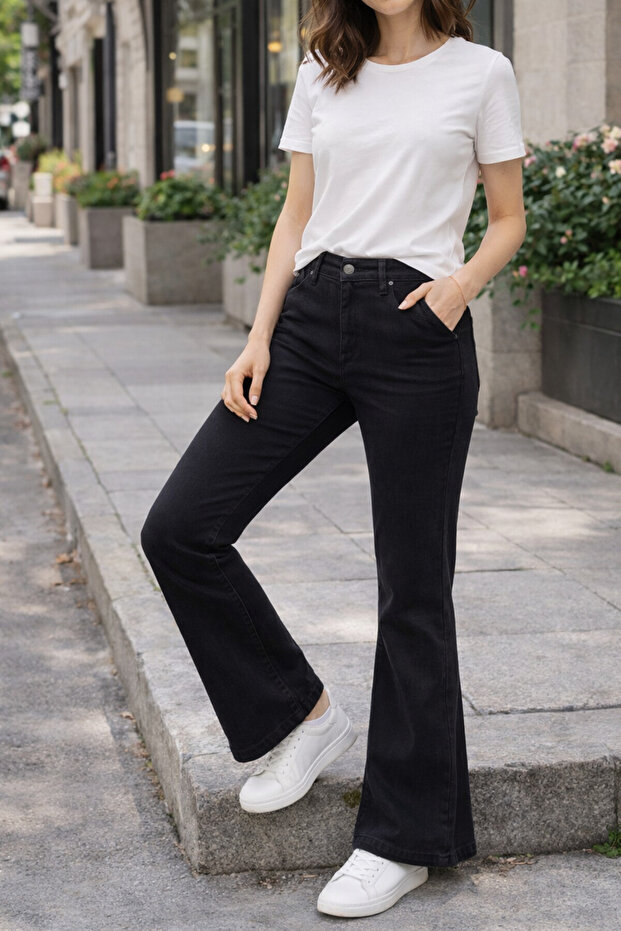 Double Tt Women's High Waist Half Flared D Denim Pants